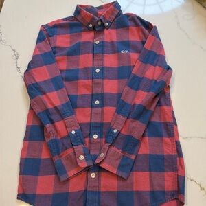 vineyard vines Boys Kelby Check Flannel Whale Shirt, Blue/Pink, size Small (8)